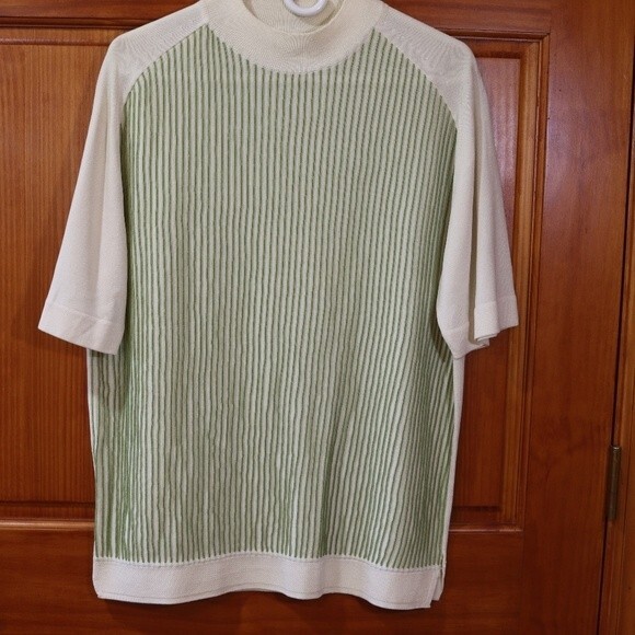 Trend Marshall Fields Vintage Cream & Green Striped Short Sleeve Shirt Top Blous - Picture 2 of 12